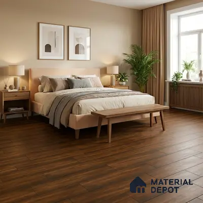 Scandinavian bedroom with matte walnut wood flooring and beige upholstered bed