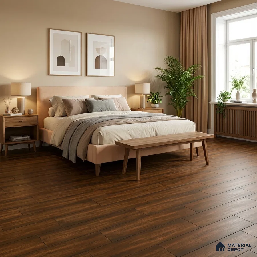 Scandinavian bedroom with matte walnut wood flooring and beige upholstered bed