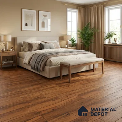 Scandinavian bedroom with oak wood flooring and beige upholstered bed