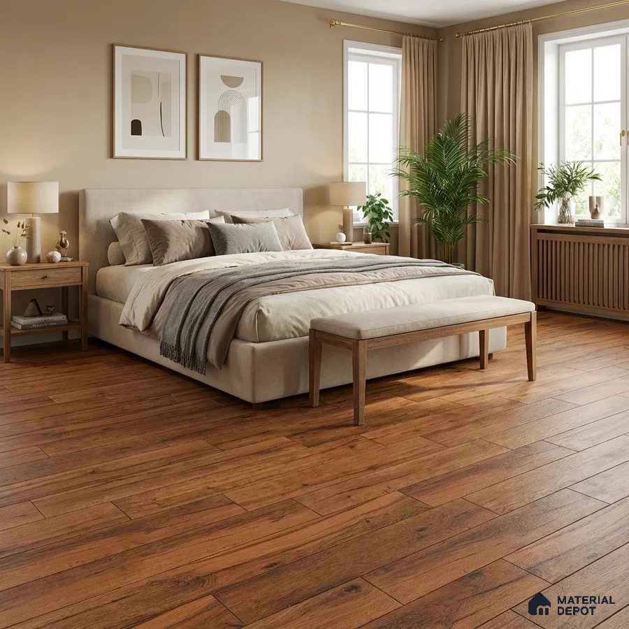Scandinavian bedroom with oak wood flooring and beige upholstered bed