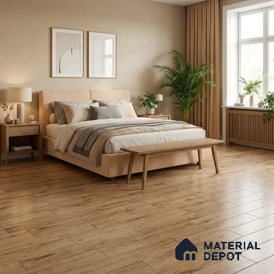 Scandinavian bedroom with light oak wooden flooring and beige upholstered bed