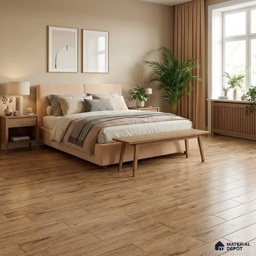 Scandinavian bedroom with light oak wooden flooring and beige upholstered bed
