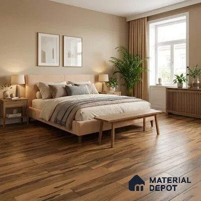 Scandinavian bedroom with natural oak wooden flooring and beige paint