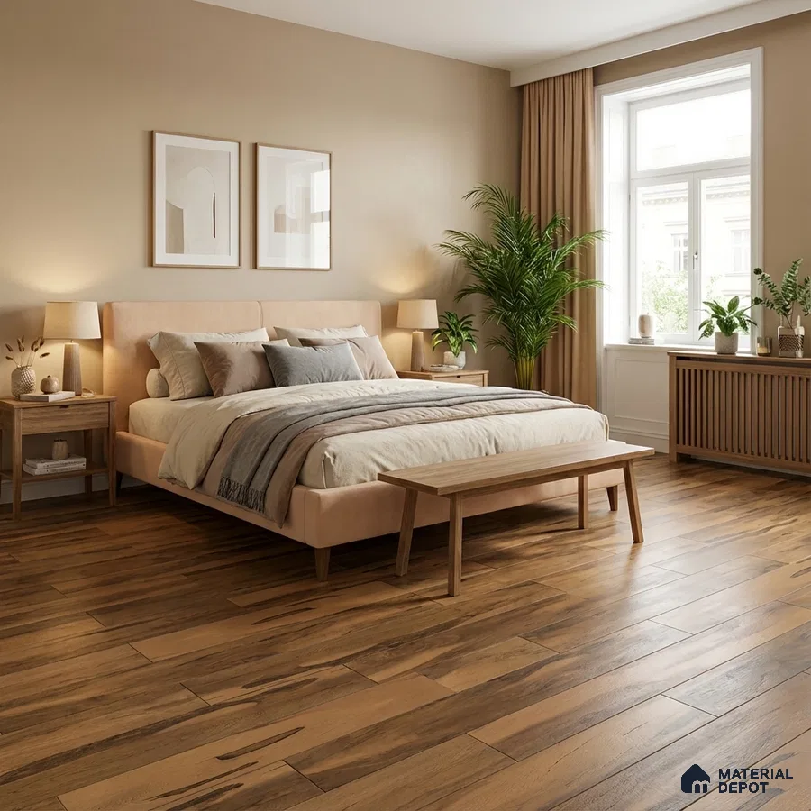 Scandinavian bedroom with natural oak wooden flooring and beige paint