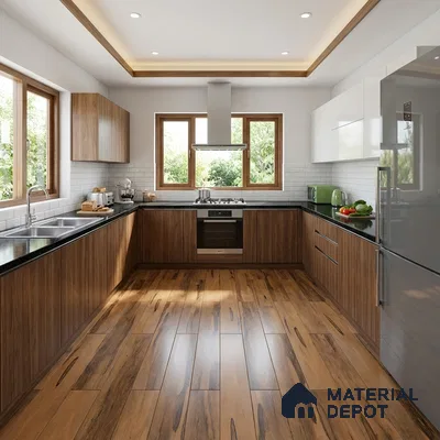 Modern U-shaped kitchen with walnut wood laminate, white subway tile backsplash, and wood-look floor tiles