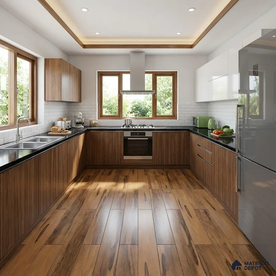 Modern U-shaped kitchen with walnut wood laminate, white subway tile backsplash, and wood-look floor tiles