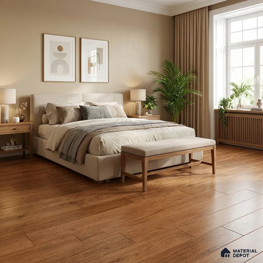 Scandinavian bedroom with beige paint, light oak wooden flooring, and upholstered bed
