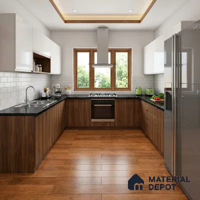 Modern kitchen with walnut wood laminate, frosty white laminate, black granite countertop, and subway backsplash tiles