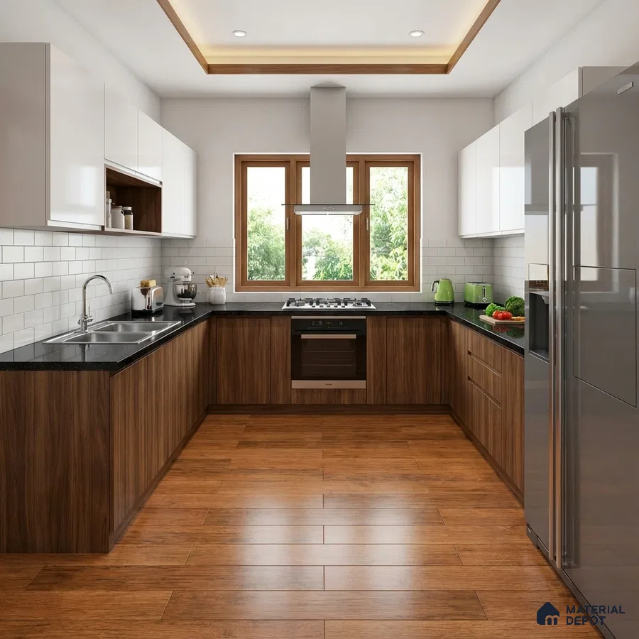 Modern kitchen with walnut wood laminate, frosty white laminate, black granite countertop, and subway backsplash tiles