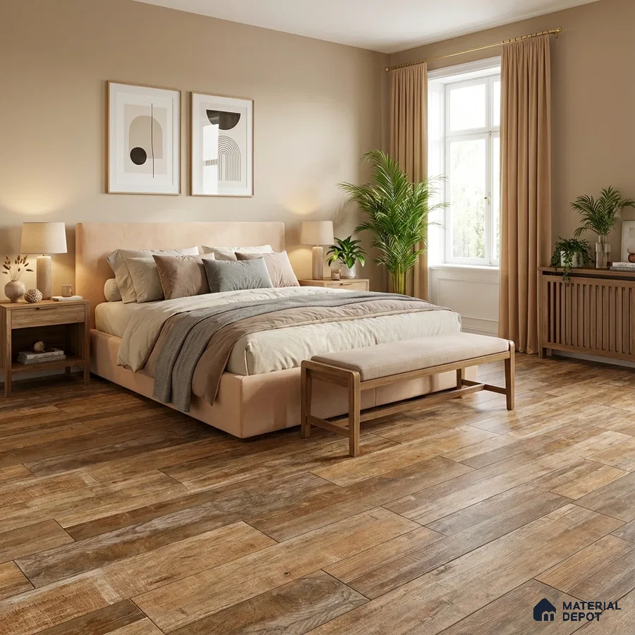 Scandinavian bedroom with natural wood plank flooring and beige suede upholstered bed
