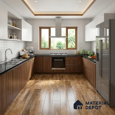 Modern kitchen with walnut wood laminate, white upper cabinets, black granite countertop, and wood-look floor tiles