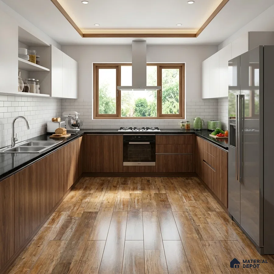 Modern kitchen with walnut wood laminate, white upper cabinets, black granite countertop, and wood-look floor tiles