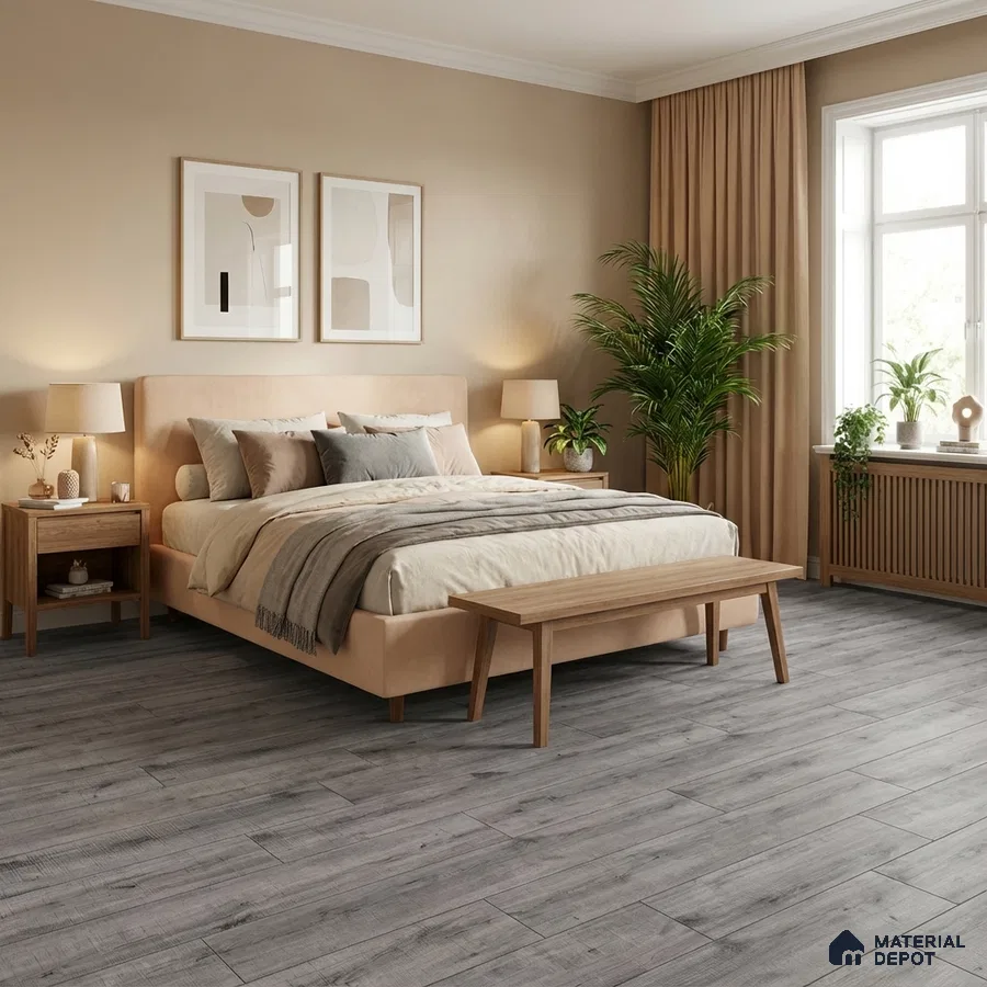 Scandinavian bedroom with beige suede upholstered bed and grey wood plank flooring