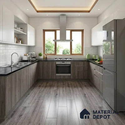 Modern kitchen with grey wood laminate, white subway tile backsplash, and black granite countertop