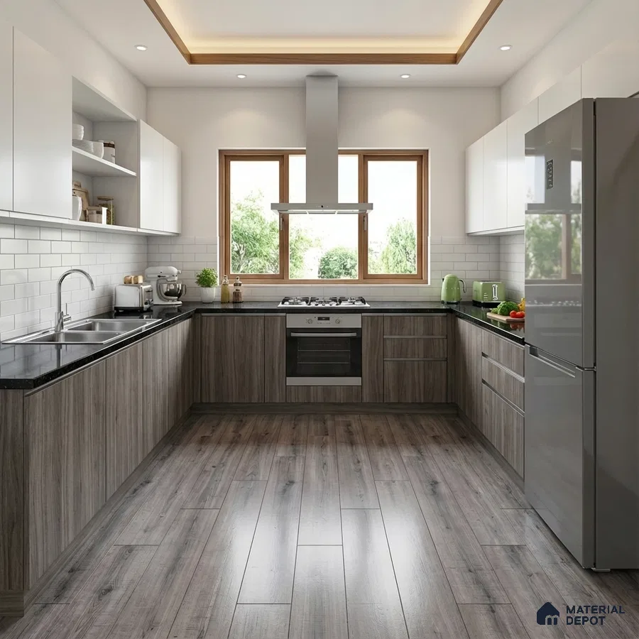 Modern kitchen with grey wood laminate, white subway tile backsplash, and black granite countertop