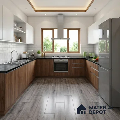 Modern kitchen with walnut wood laminate, frosty white laminate, black granite countertop, and subway backsplash tiles