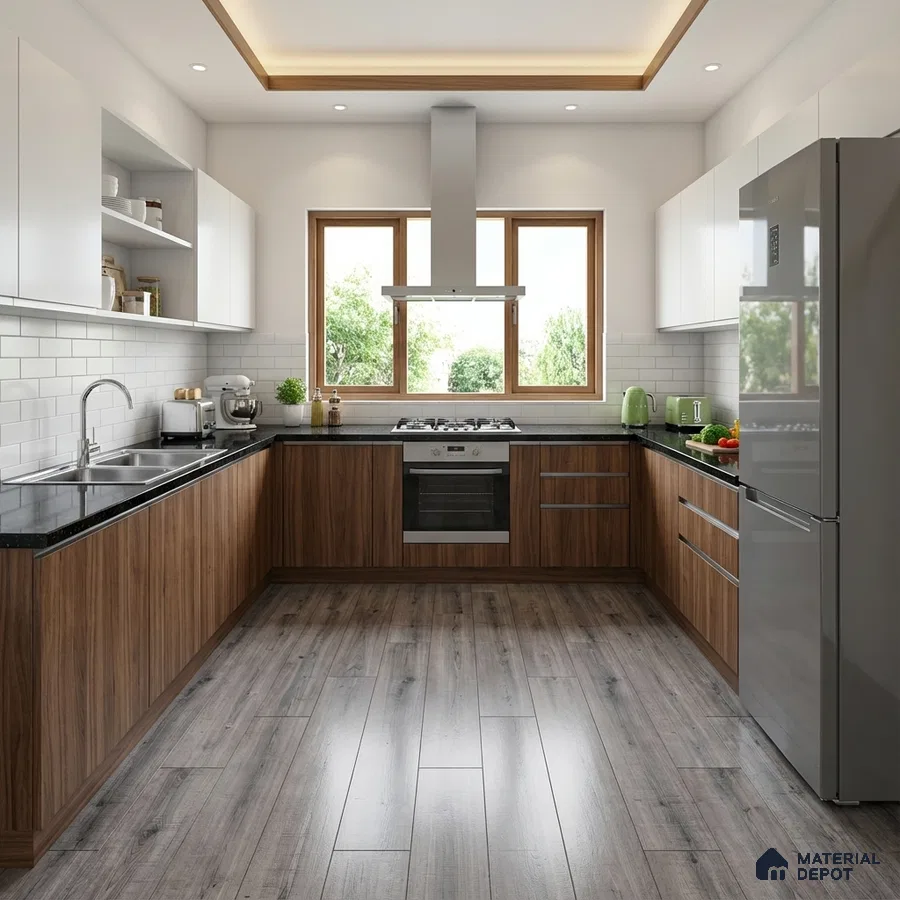 Modern kitchen with walnut wood laminate, frosty white laminate, black granite countertop, and subway backsplash tiles