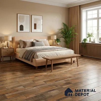 Scandinavian bedroom with natural wood plank flooring and beige paint