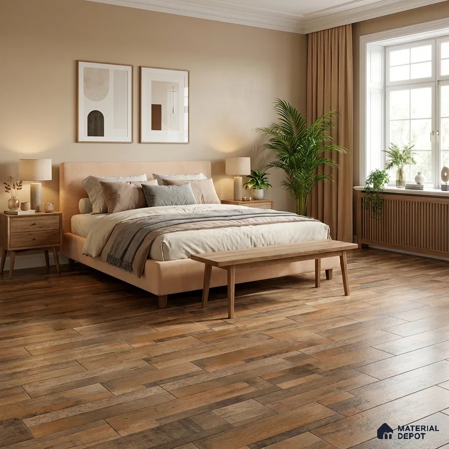 Scandinavian bedroom with natural wood plank flooring and beige paint
