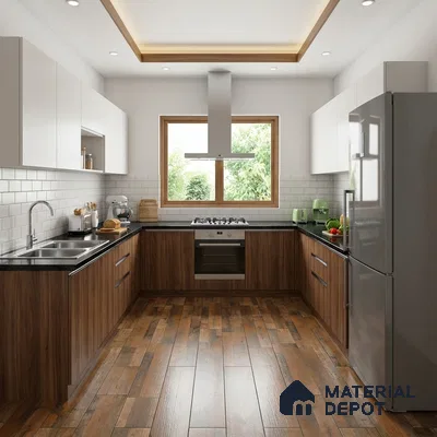 Modern U-shaped kitchen with walnut wood laminate, white solid laminate, subway backsplash tile, and wood-look floor tile