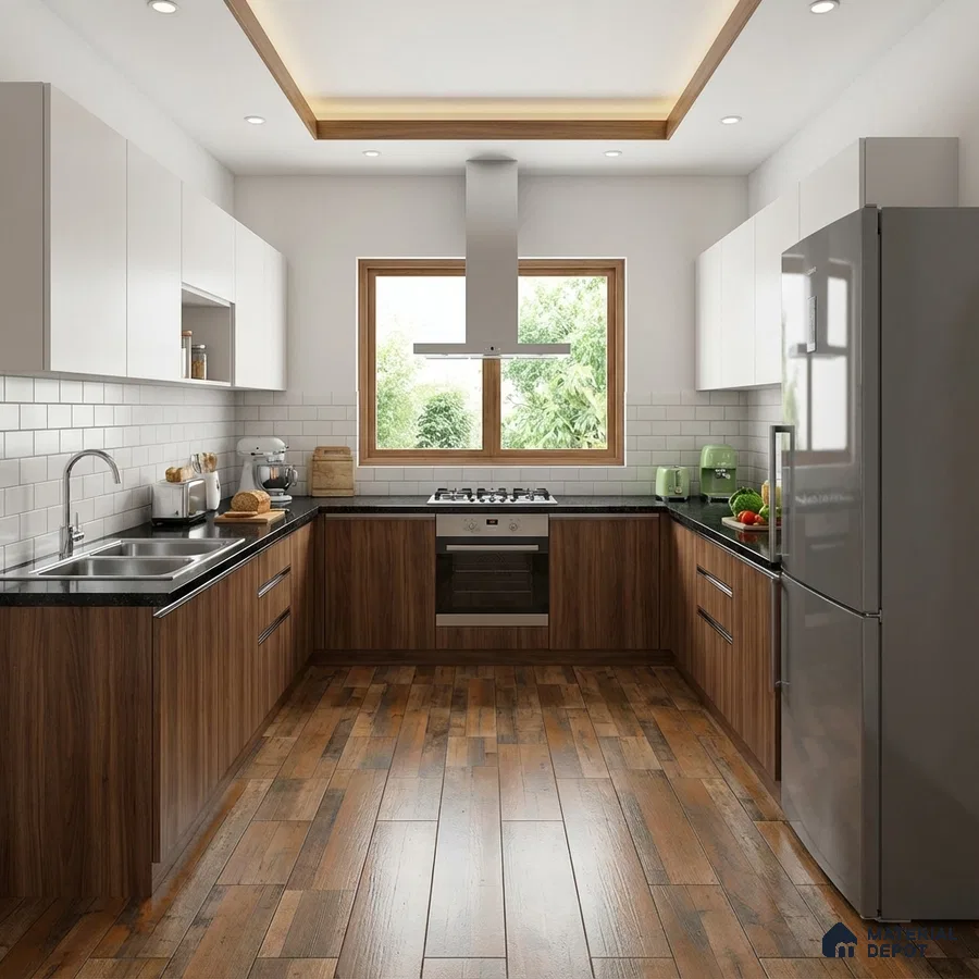 Modern U-shaped kitchen with walnut wood laminate, white solid laminate, subway backsplash tile, and wood-look floor tile