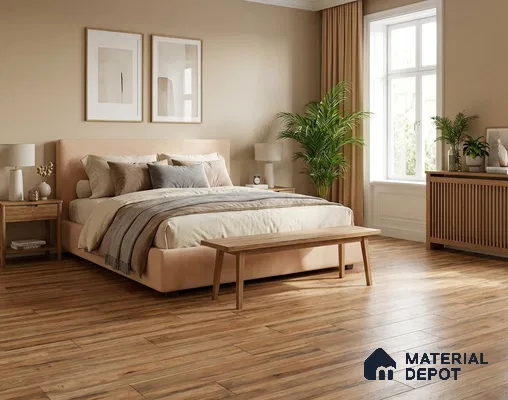 Scandinavian bedroom with natural wood plank tile flooring and beige upholstered bed