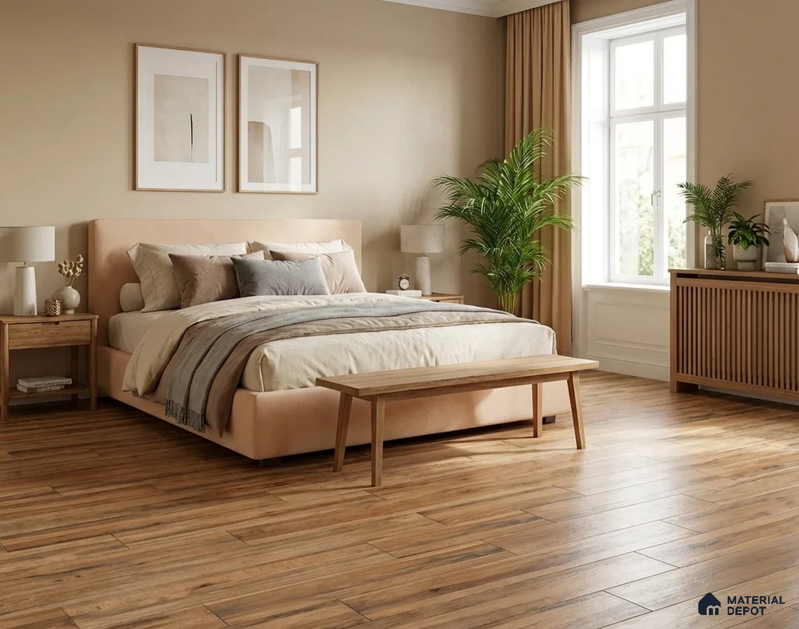 Scandinavian bedroom with natural wood plank tile flooring and beige upholstered bed