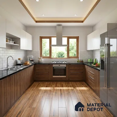 Modern U-shaped kitchen with walnut wood laminate, white upper cabinets, black granite countertop, and subway tile backsplash