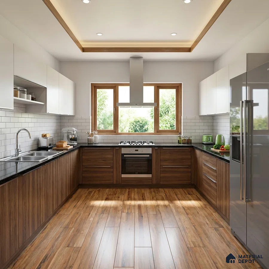 Modern U-shaped kitchen with walnut wood laminate, white upper cabinets, black granite countertop, and subway tile backsplash