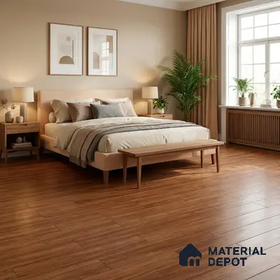 Scandinavian bedroom with natural wood flooring and beige paint