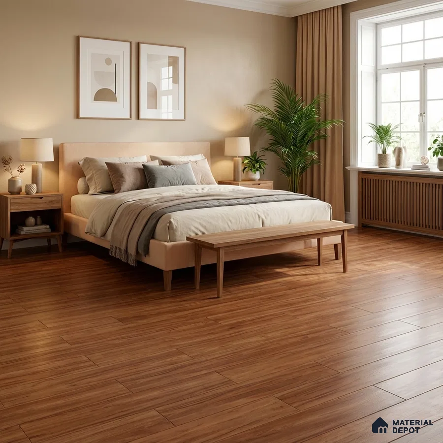 Scandinavian bedroom with natural wood flooring and beige paint