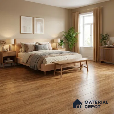 Scandinavian bedroom with natural oak wood flooring and beige paint