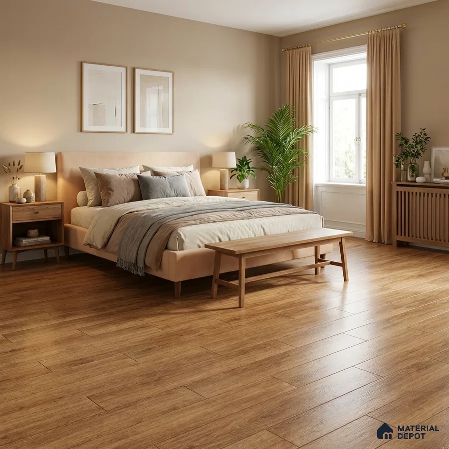 Scandinavian bedroom with natural oak wood flooring and beige paint