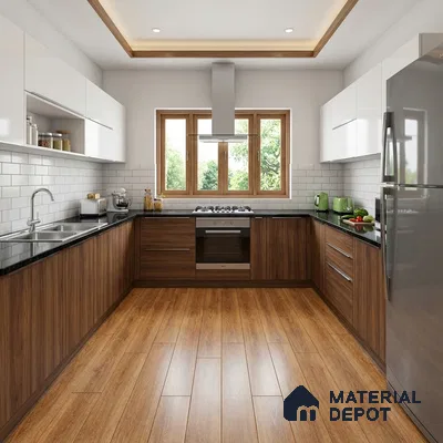 Modern dual tone kitchen with walnut wood laminate, frosty white laminate, black granite countertop, and subway backsplash tiles