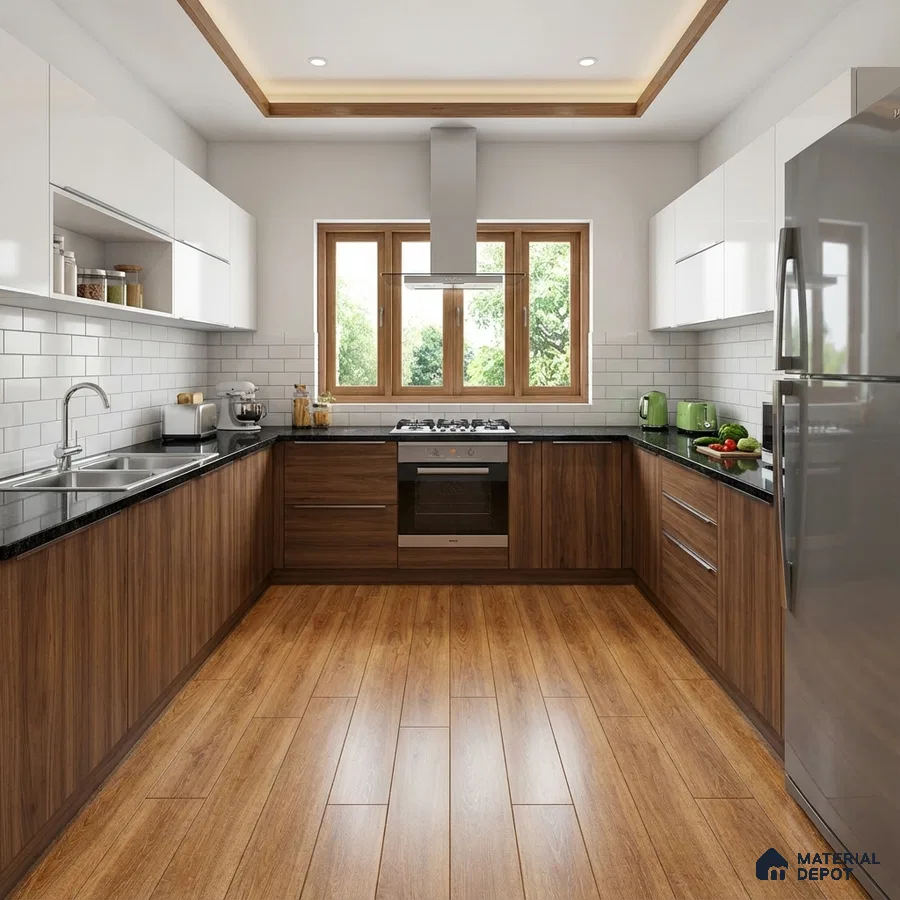 Modern dual tone kitchen with walnut wood laminate, frosty white laminate, black granite countertop, and subway backsplash tiles