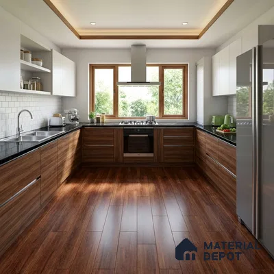 Modern kitchen with walnut wood laminate, white upper cabinets, black granite countertop, and wood-look floor tile