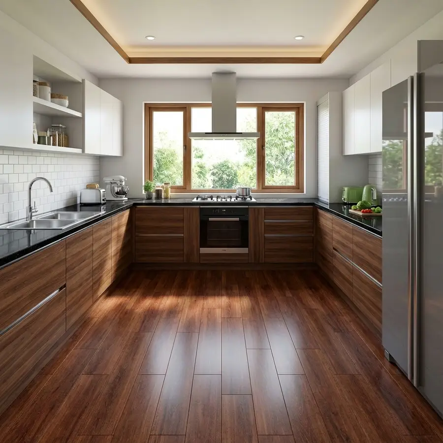 Modern kitchen with walnut wood laminate, white upper cabinets, black granite countertop, and wood-look floor tile