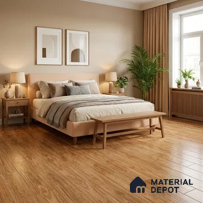 Scandinavian bedroom with light oak wooden flooring and beige paint