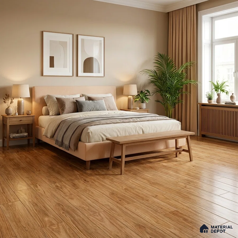 Scandinavian bedroom with light oak wooden flooring and beige paint