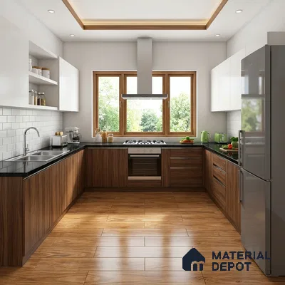 Modern kitchen with walnut wood laminate, white laminate, and subway tile backsplash