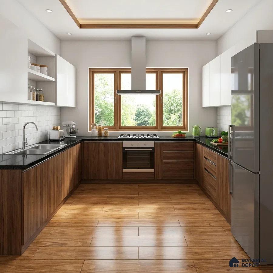 Modern kitchen with walnut wood laminate, white laminate, and subway tile backsplash