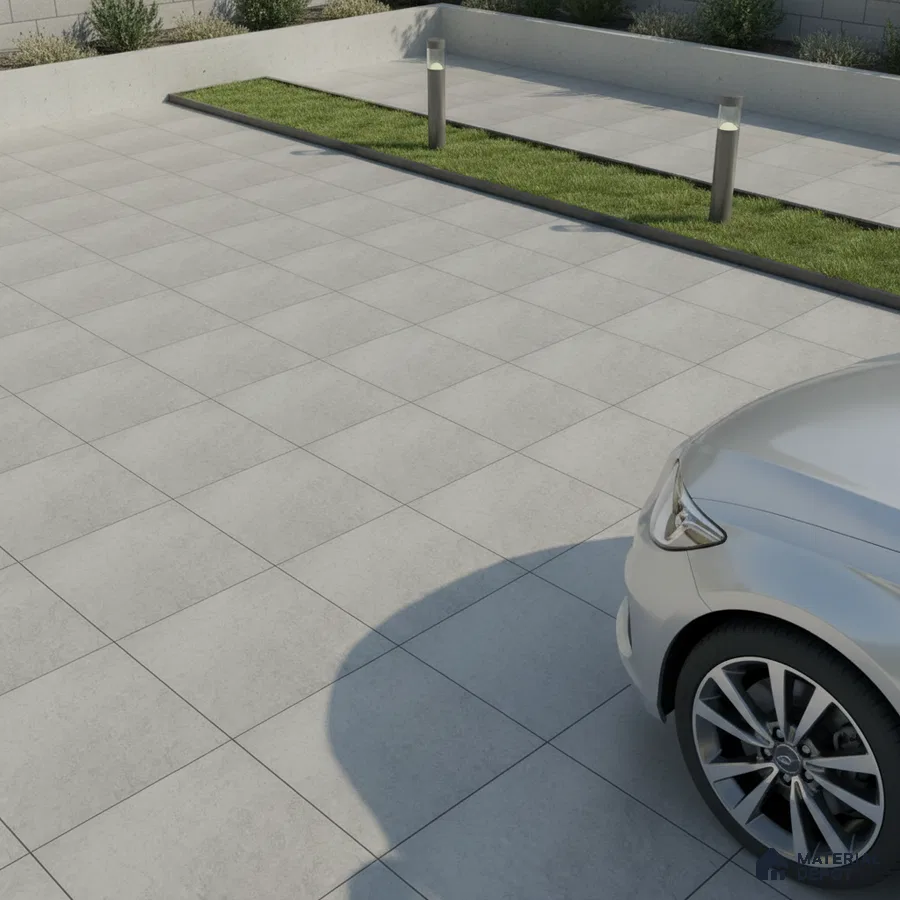 Minimalist parking area with light grey stone-look anti-skid floor tiles