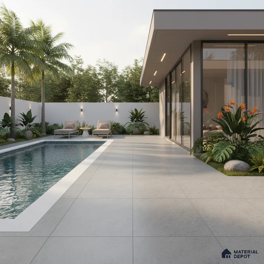 Modern outdoor space with large format grey stone tiles and poolside landscaping