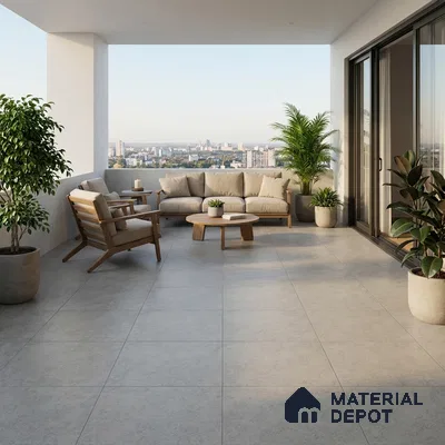 Scandinavian balcony with light grey stone floor tiles and natural wood outdoor furniture