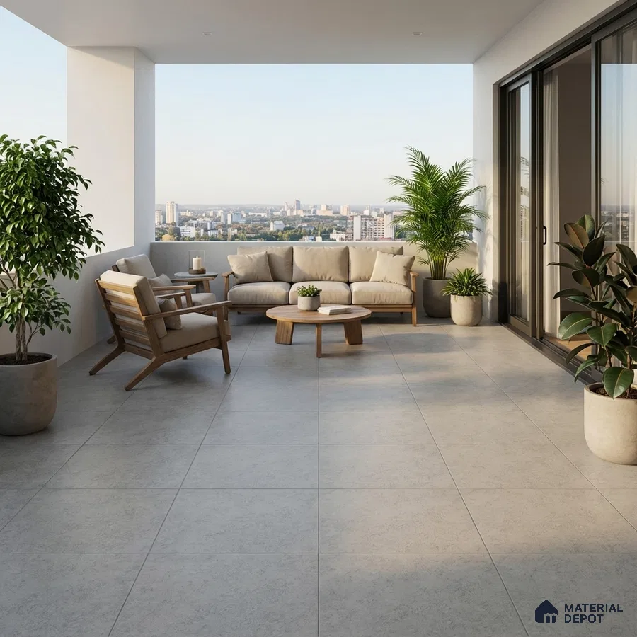 Scandinavian balcony with light grey stone floor tiles and natural wood outdoor furniture