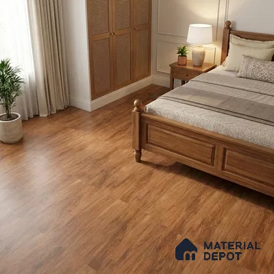 Traditional Bedroom with Honey Brown Wood-Look Plank Floor Tile