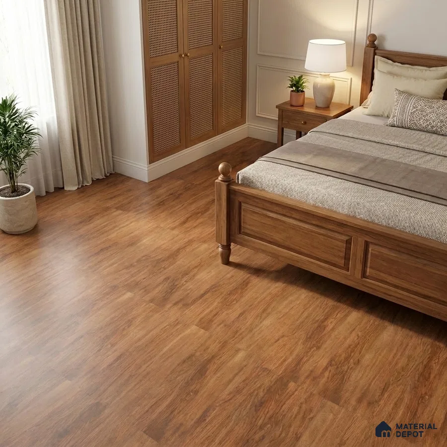 Traditional Bedroom with Honey Brown Wood-Look Plank Floor Tile