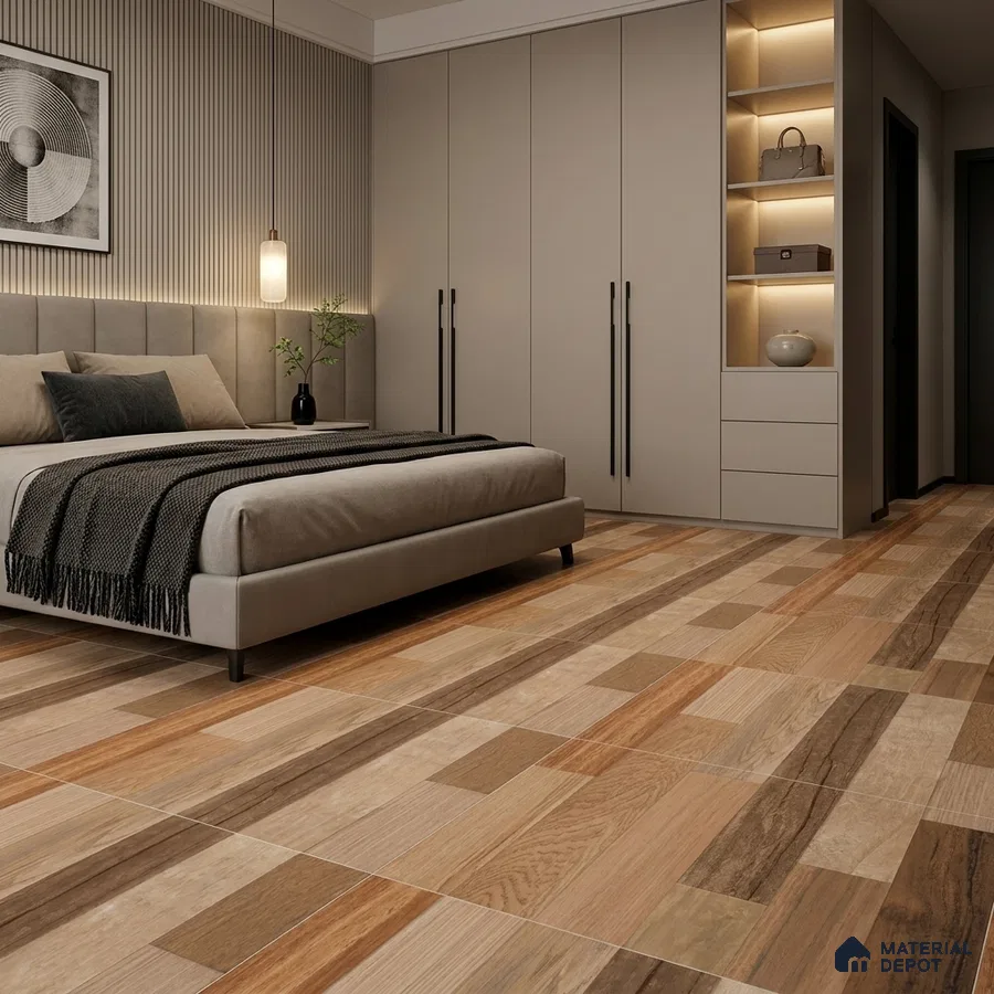 Modern Bedroom with Multi-Tone Wood-Look Plank Floor Tile