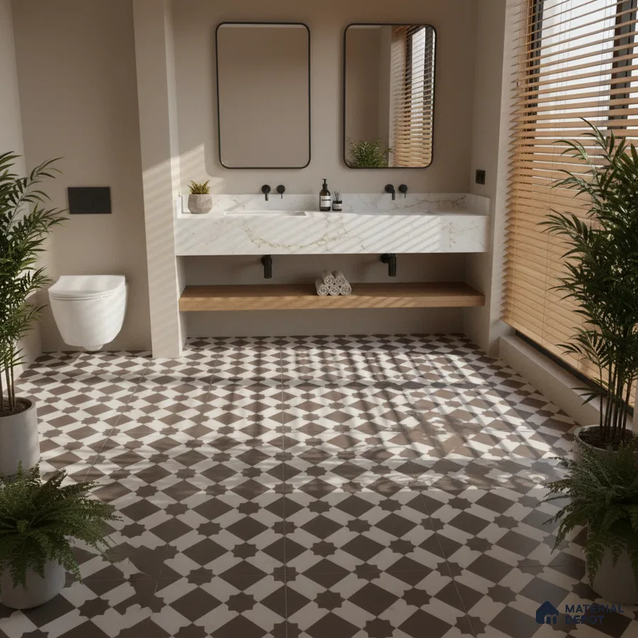 Modern bathroom with marble countertop, wooden shelf, and brown-and-white geometric patterned floor tiles