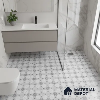 Modern bathroom with marble wall tiles and grey patterned floor tiles